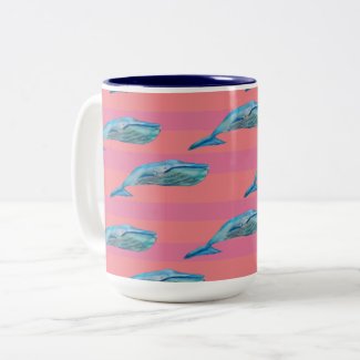 Blue and Pink Whale Fish Art  Two-Tone Coffee Mug