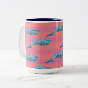 Blue and Pink Whale Fish Art Two-Tone Coffee Mug