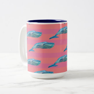 Blue and Pink Whale Fish Art  Two-Tone Coffee Mug