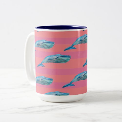 Blue and Pink Whale Fish Art  Two_Tone Coffee Mug