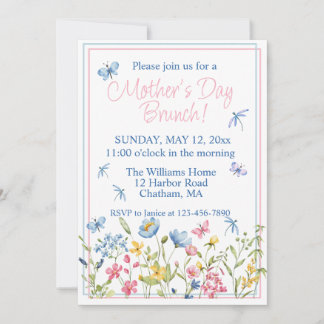 Blue and Pink Wildflower Garden Mothers Day Brunch Invitation