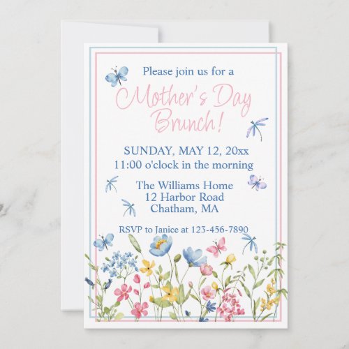 Blue and Pink Wildflower Garden Mothers Day Brunch Invitation