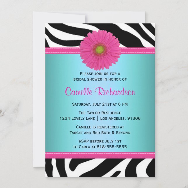 Blue and Pink, Zebra Bridal Shower Invitation (Front)