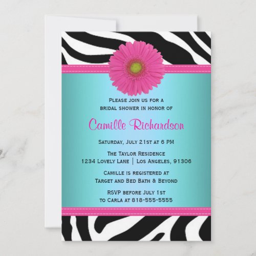 Blue and Pink, Zebra Bridal Shower Invitation