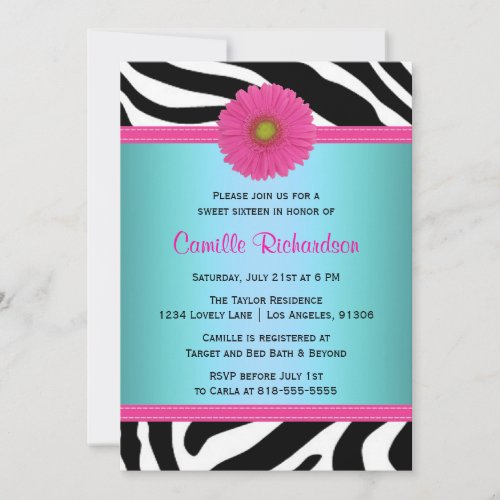 Blue and Pink, Zebra Sweet Sixteen Invitation