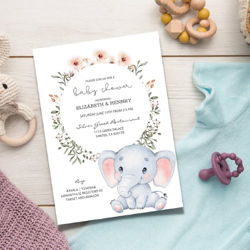 Blue and pnk iElephant floral baby shower Invitation