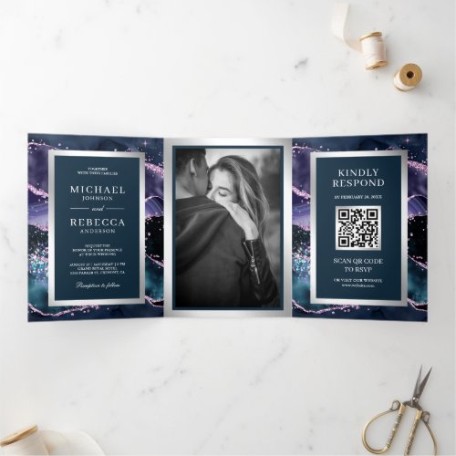 Blue and Purple Agate Marble QR Code Wedding Tri_Fold Invitation