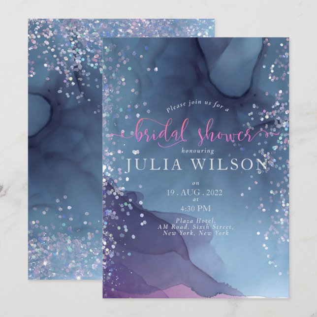 Blue and purple alcohol ink with glitter mystic invitation (Front/Back)
