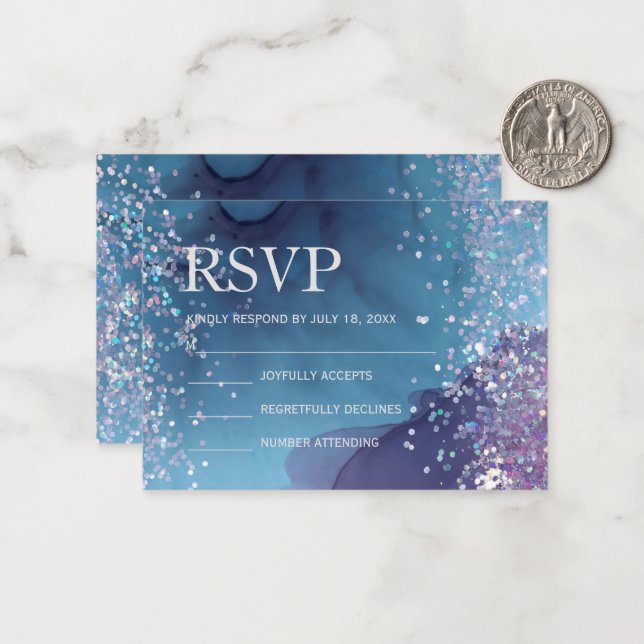 Blue and purple alcohol ink with glitter mystic note card (Front/Back In Situ)