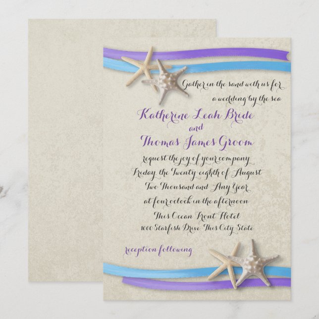 Blue and Purple Beach Wedding Starfish and Ribbon Invitation (Front/Back)