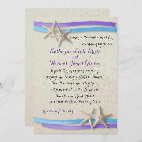 Blue and Purple Beach Wedding Starfish and Ribbon Invitation