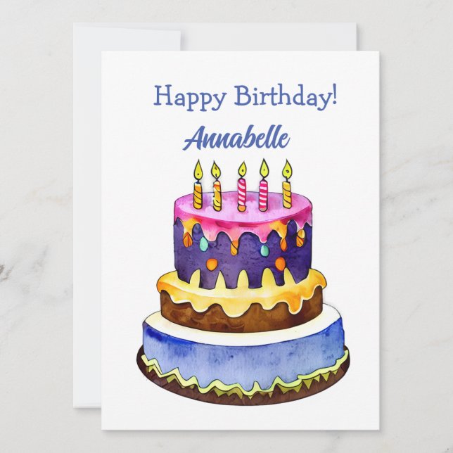 Blue and Purple Birthday Cake Flat Card (Front)