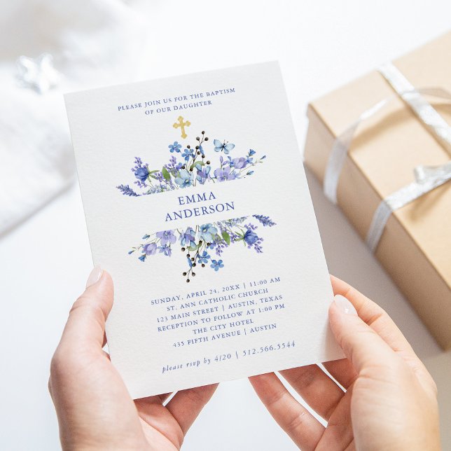 Blue and Purple Boho | Floral Baptism Invitation (Creator Uploaded)