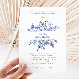 Blue and Purple Boho Floral First Holy Communion Invitation