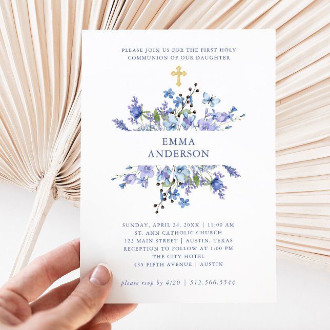 Blue and Purple Boho | Floral First Holy Communion Invitation (Creator Uploaded)