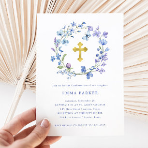 Blue and Purple Boho Wreath and Cross Confirmation Invitation