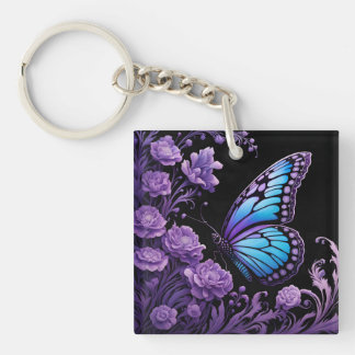 Blue and Purple Butterfly Floral Keychain