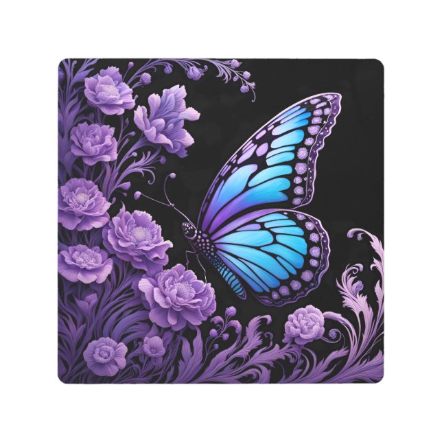 Blue and Purple Butterfly Floral  Metal Print (Front)