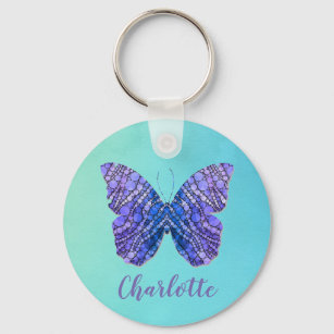 Blue and Purple Butterfly Name Monogram Keychain