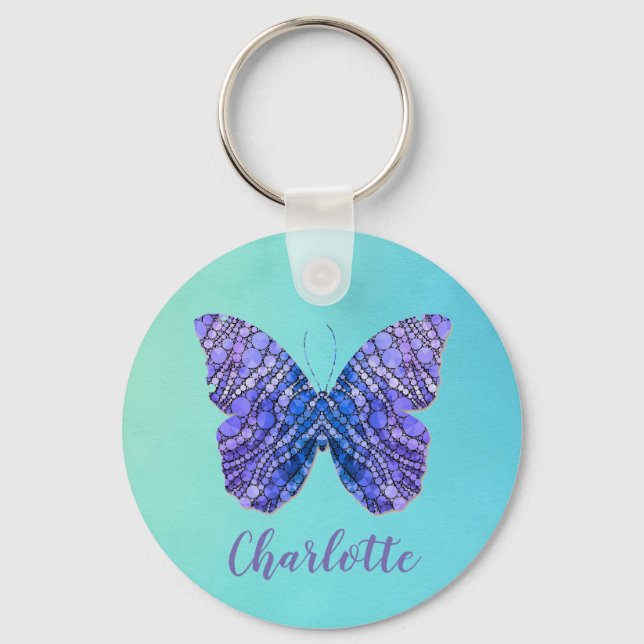 Blue and Purple Butterfly Name Monogram Keychain (Front)