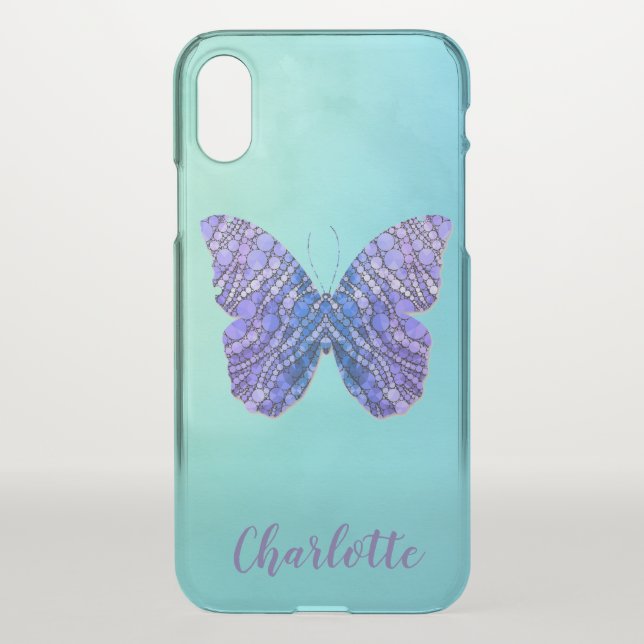 Blue and Purple Butterfly Name Monogram Uncommon iPhone Case (Back)