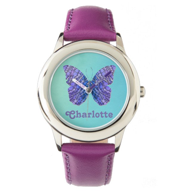 Blue and Purple Butterfly Name Monogram Watch (Front)