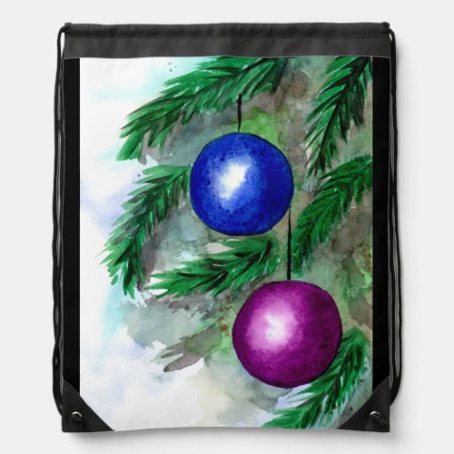 Blue and Purple Christmas Ornaments   Drawstring Bag