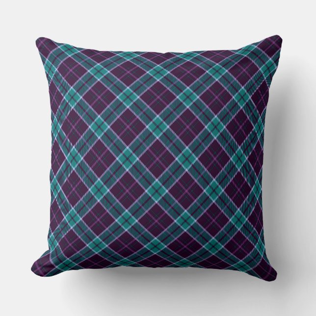 Blue and Purple Christmas Plaid Pattern Throw Pillow (Front)