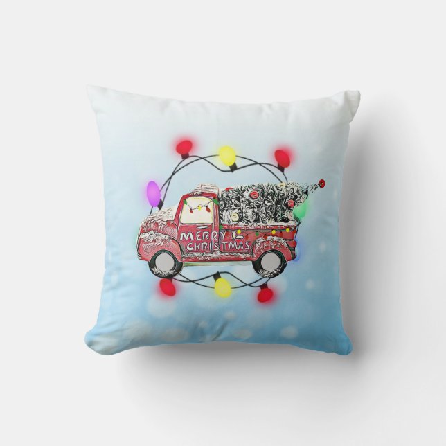Blue and Purple Christmas Tree in Back of Truck Throw Pillow (Front)