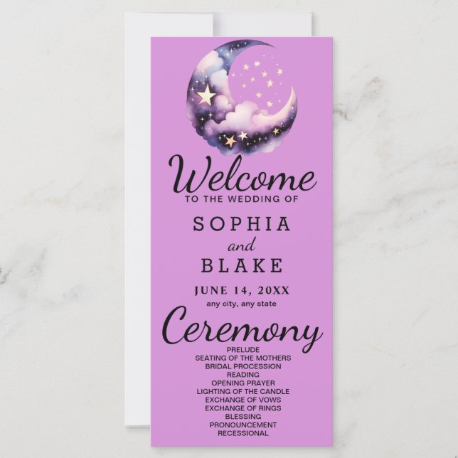 Blue and Purple Crescent Moon Wedding Program (Front)