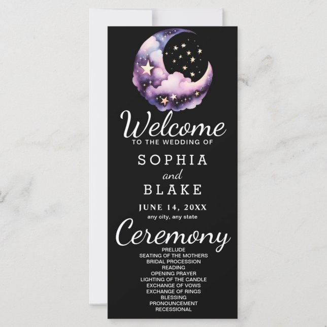 Blue and Purple Crescent Moon Wedding Program (Front)