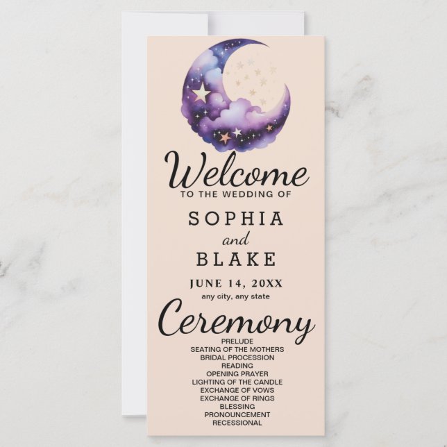 Blue and Purple Crescent Moon Wedding Program (Front)