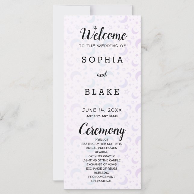 Blue and Purple Crescent Moons Wedding Program (Front)
