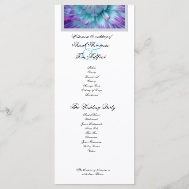 Blue and Purple Dahlia Lace Accent Wedding Program (Front)