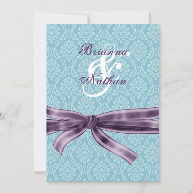 Blue and Purple Damask and Bow Wedding Template (Front)