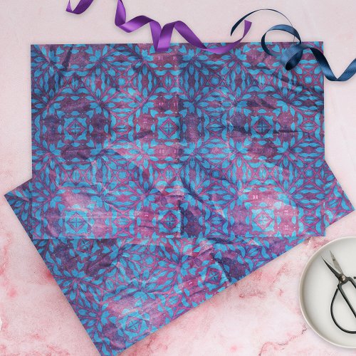 Blue and Purple Damask Pattern On Crumpled Texture Tissue Paper