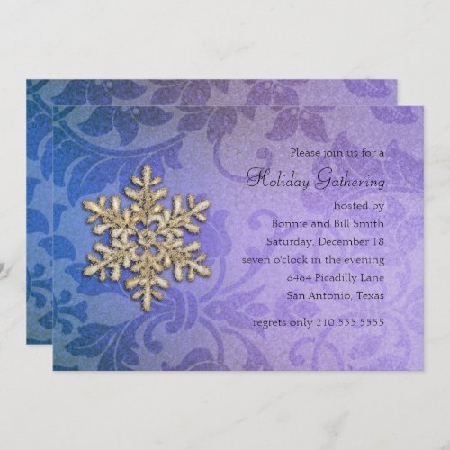 Blue and Purple Damask Snowflake Holiday Party Invitation