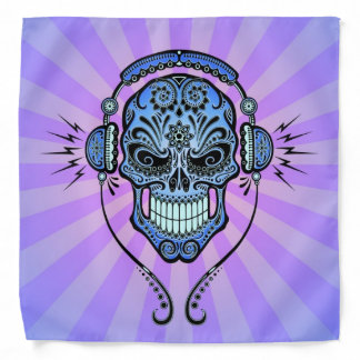 Blue and Purple DJ Sugar Skull with Rays of Light Bandana