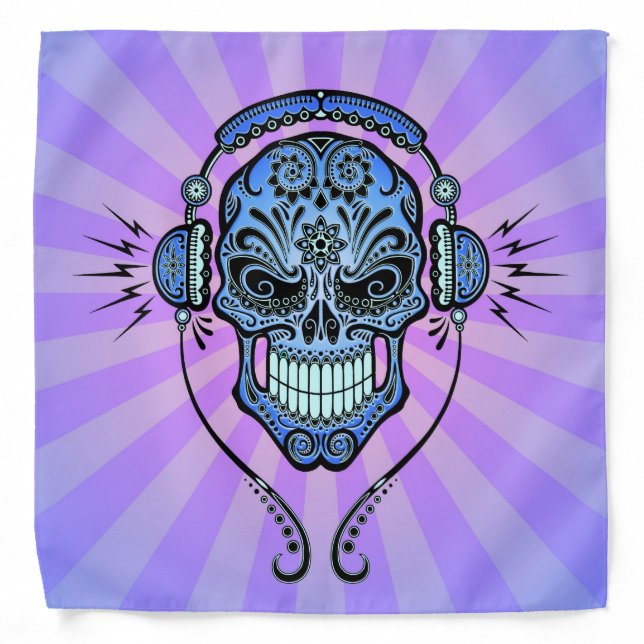 Blue and Purple DJ Sugar Skull with Rays of Light Bandana (Front)