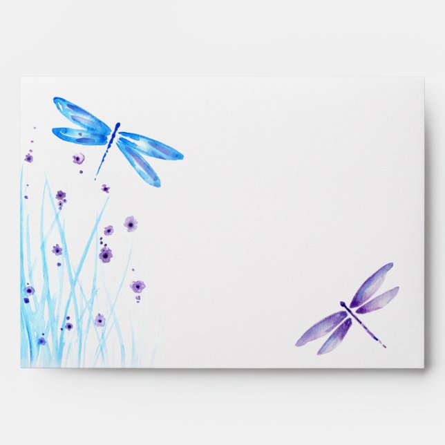 Blue and Purple Dragonfly Wedding Watercolor Envelope (Front)