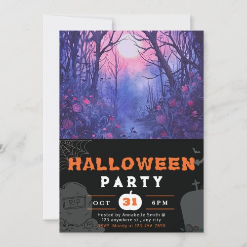 Blue and Purple Enchanted Forest Black Halloween Invitation