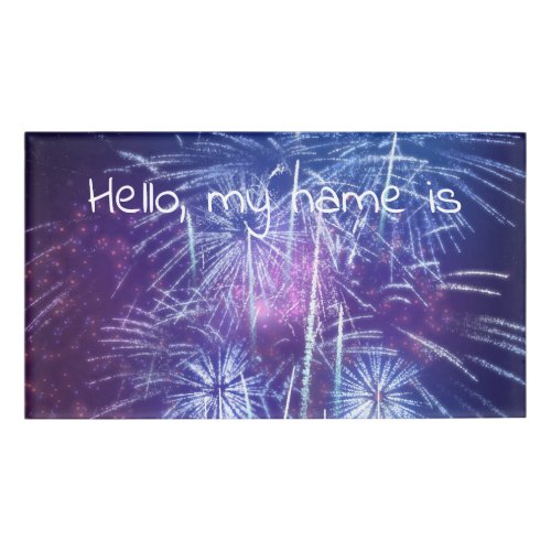 blue and purple firework name tag