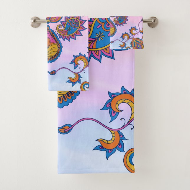 Blue and Purple Floral Art, Mehndi Blue Bliss Bath Towel Set (Insitu)