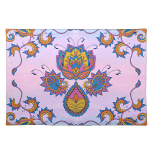 Blue and Purple Floral Art, Mehndi Blue Bliss Cloth Placemat