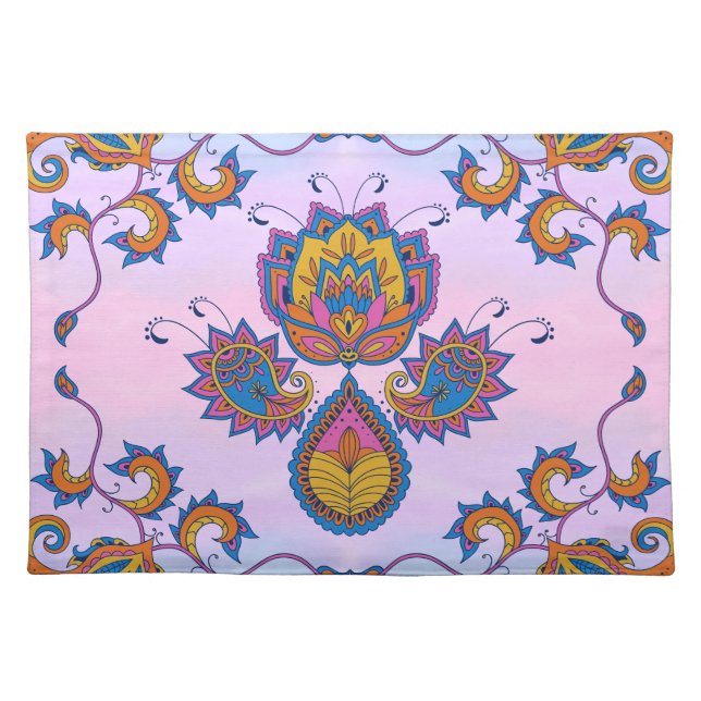 Blue and Purple Floral Art, Mehndi Blue Bliss Cloth Placemat (Front)