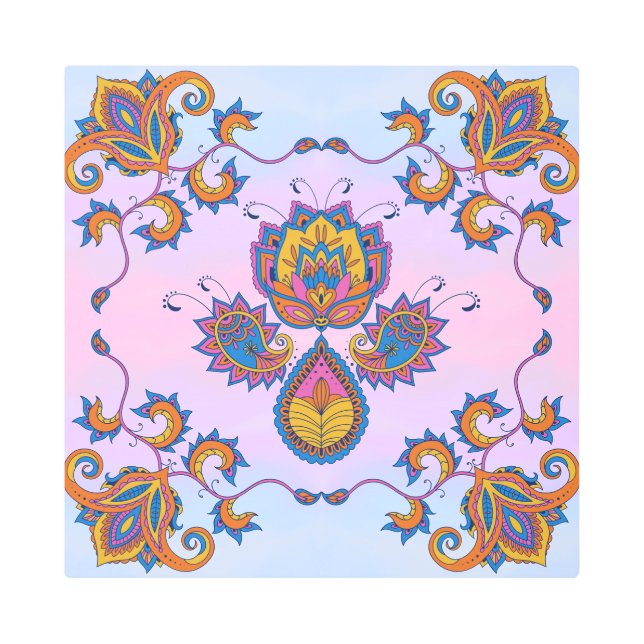 Blue and Purple Floral Art, Mehndi Blue Bliss Metal Print (Front)