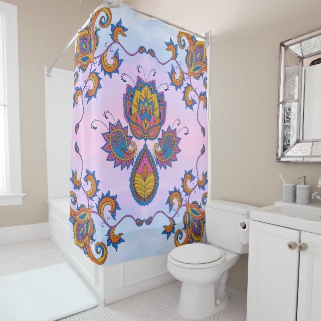 Blue and Purple Floral Art, Mehndi Blue Bliss Shower Curtain (In Situ)