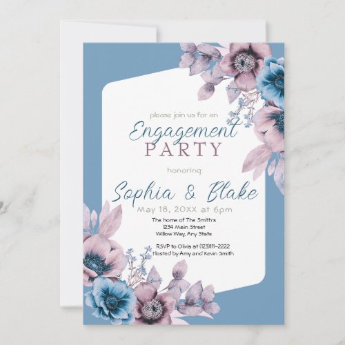 Blue and Purple Floral Blue Engagement Party  Invitation