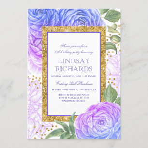 Blue and Purple Floral Gold Confetti Birthday Invitation
