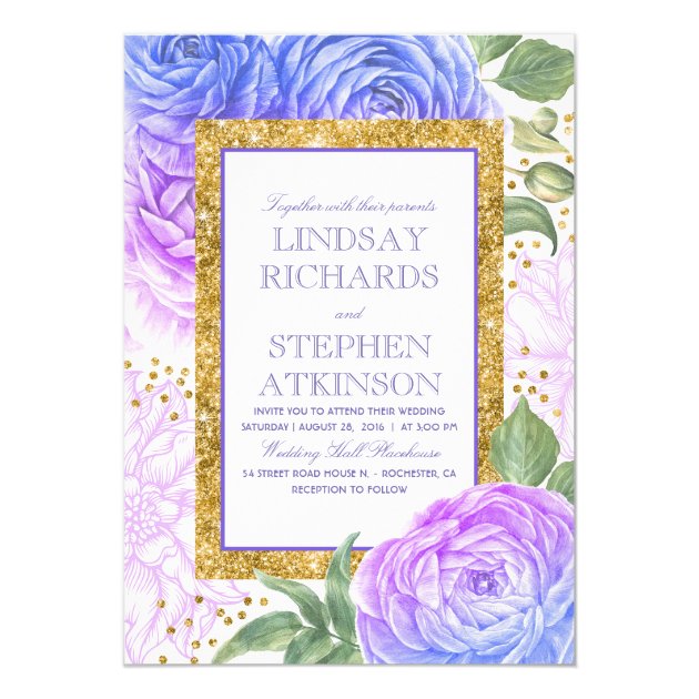 Blue And Purple Floral Gold Confetti Wedding Invitation